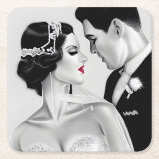 B&W Retro Art Deco Vintage Bride & Groom Square Paper Coaster