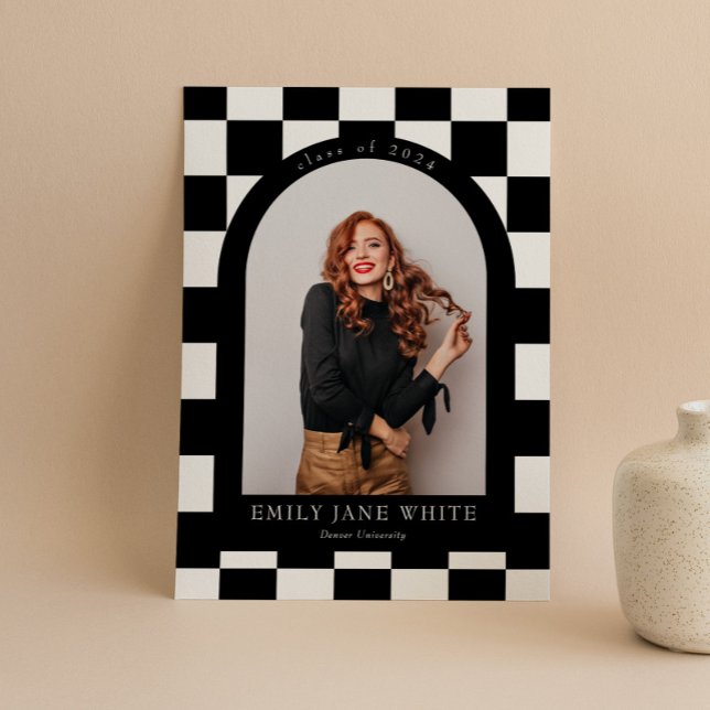 B&W Retro Checkered Arch Classic Photo Graduation Invitation (Creator Uploaded)
