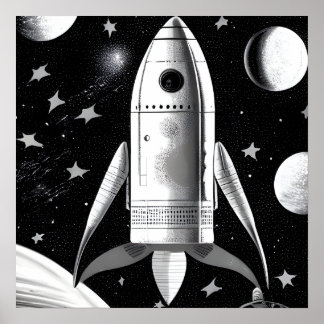 B&W Retro Rocket Ship Poster