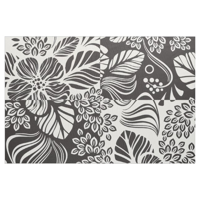 B&W Retro Tropical Flowers Pattern Fabric (Yard)