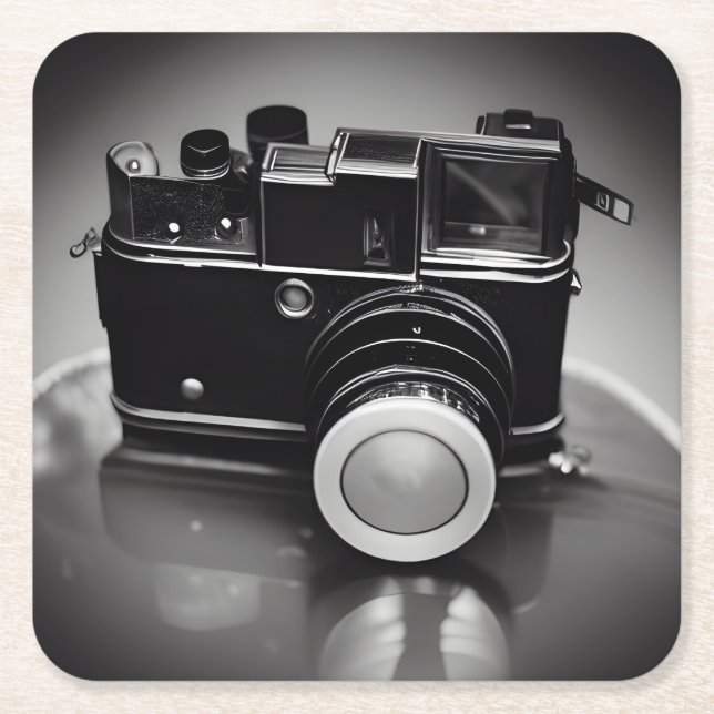 B&W Retro Vintage Camera Square Paper Coaster (Front)