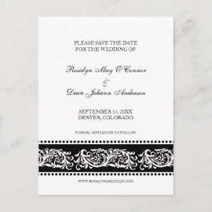 B&W scroll custom wedding save the date flat cards