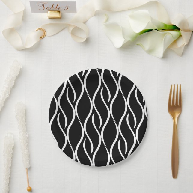 B&W Seamless Wavy Lines Pattern Paper Plate (Wedding)