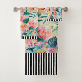 B&W Striped Coral Floral Bath Towel Set