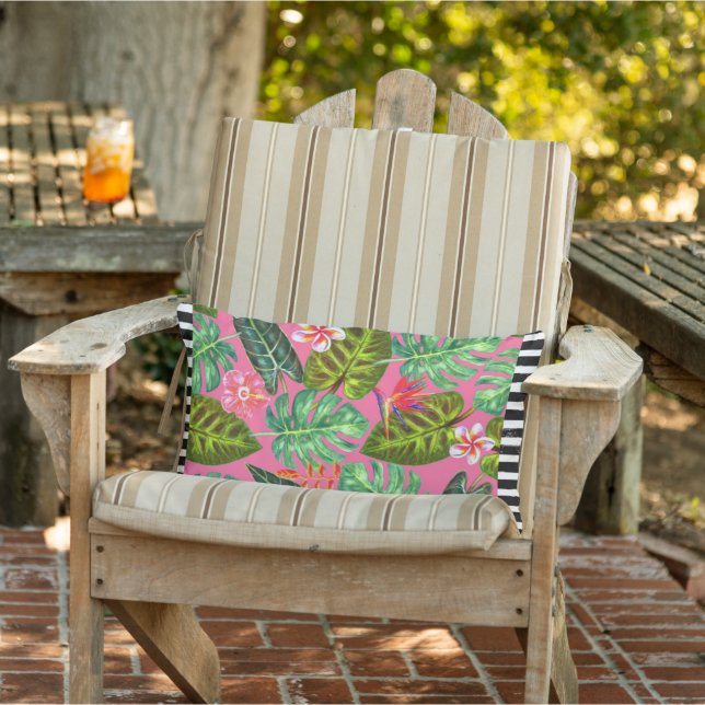 B&W Striped Pink Tropical Lumbar Throw Pillow (Chair)