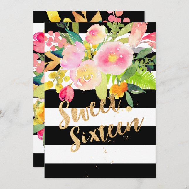 B+W Stripes, sweet 16, Watercolor Spring Flower Invitation (Front/Back)