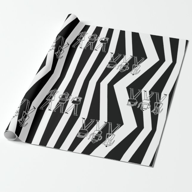 B & W Three Coffee Makers Striped Coffee Wrapping Paper (Unrolled)