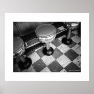 B&W Vintage Diner Stools Poster Print