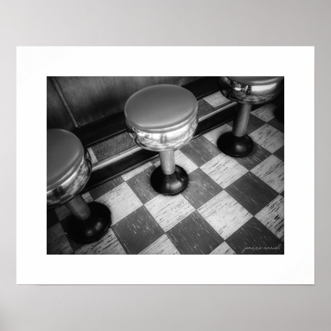 B&W Vintage Diner Stools Poster Print (Front)