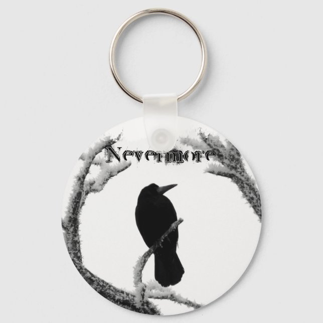 B&W Winter Raven Edgar Allan Poe Nevermore Key Ring (Front)