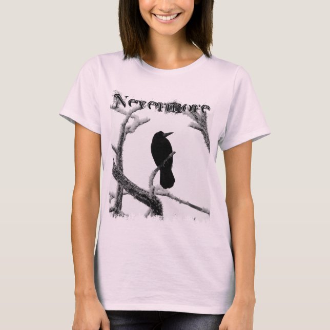B&W Winter Raven Edgar Allan Poe Nevermore T-Shirt (Front)