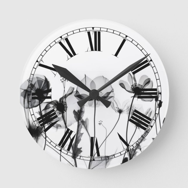 B&W X-Ray Flowers Round Clock (Front)