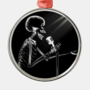 B&W X-Ray Vision Skeleton Singing on Mic Metal Tree Decoration