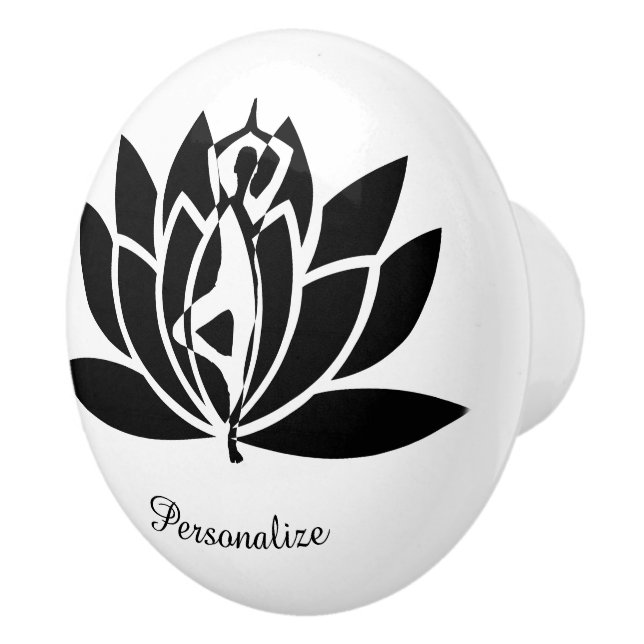 B & W Yoga Zen Lotus Flower Personalise Dresser Ceramic Knob (Right)