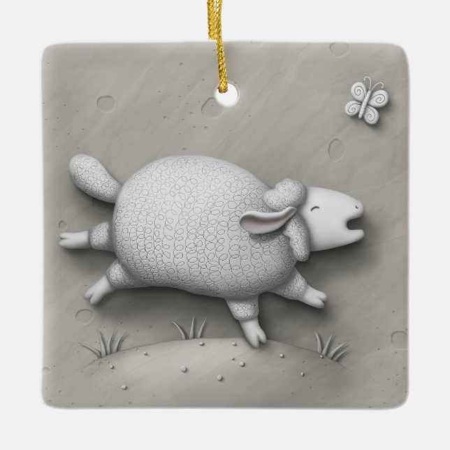 Baa Relief Cute Happy Sheep Ceramic Ornament (Front)