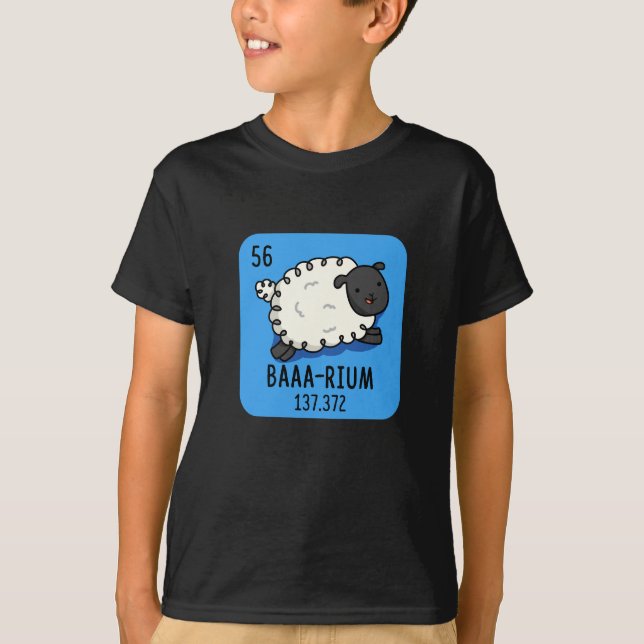 Baa-rium Funny Sheep Chemistry Pun Dark BG T-Shirt (Front)