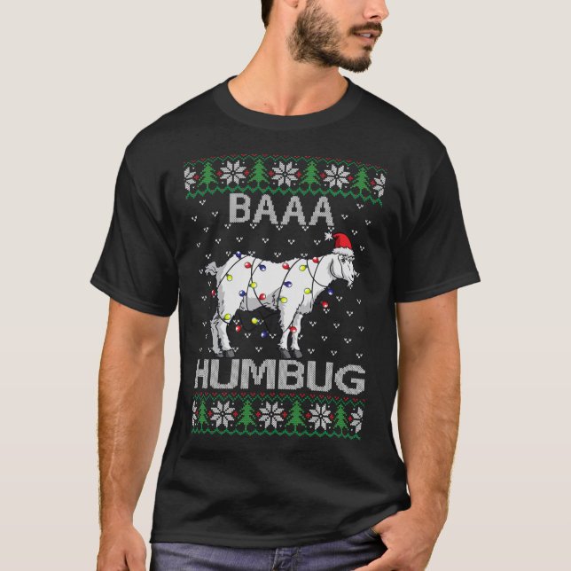 Baaa Humbug Goat Santa Hat Christmas Lights Ugly S T-Shirt (Front)