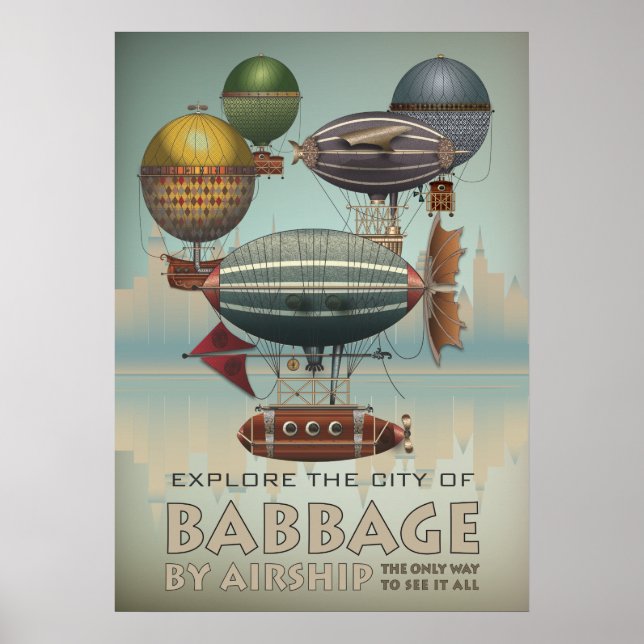 Babbage by Airship Steampunk Vintage Travel Poster (Front)
