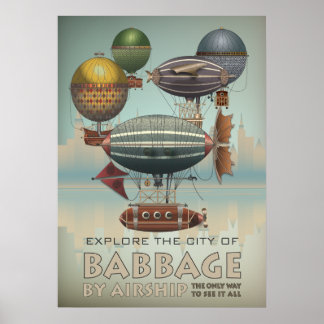 Babbage by Airship Steampunk Vintage Travel Poster