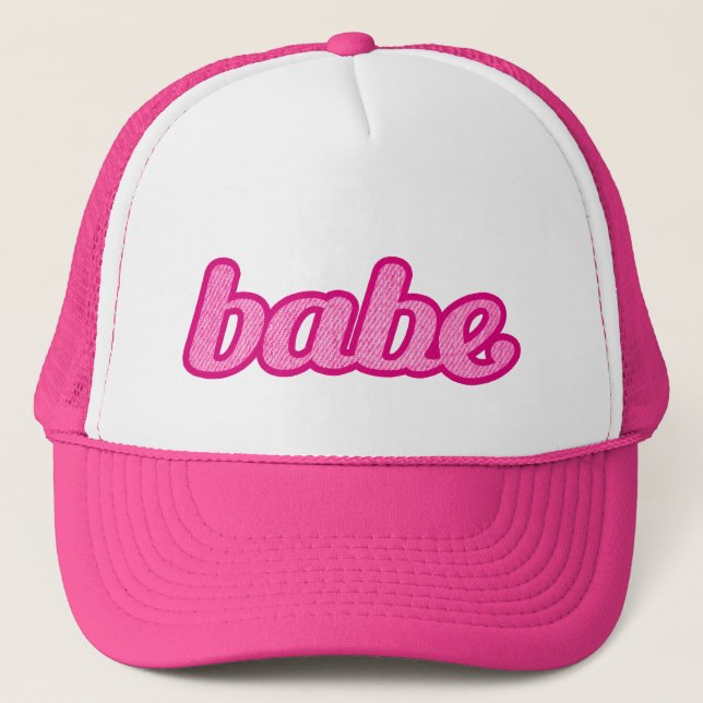 babe text denim style hot pink and white trucker hat (Front)