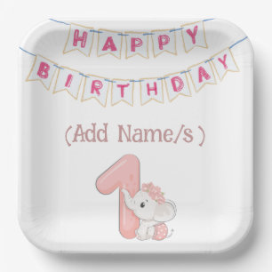 Babies 1st Birthday Cute Elephant and Bunting  Paper Plate