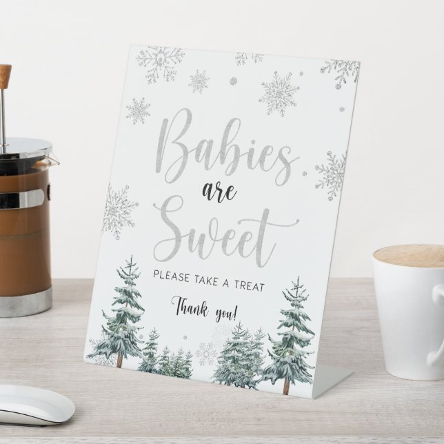 Babies are sweet, silver winter baby shower sign (In SItu)