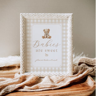 Babies are sweet teddy bear neutral gingham poster