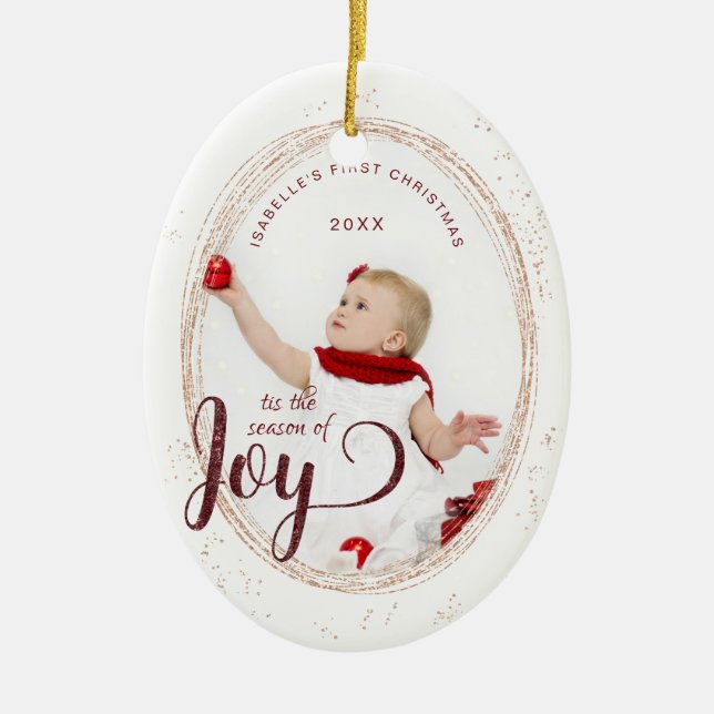 Babies First Christmas Season of Joy Custom Photo Ceramic Tree Decoration (Front)