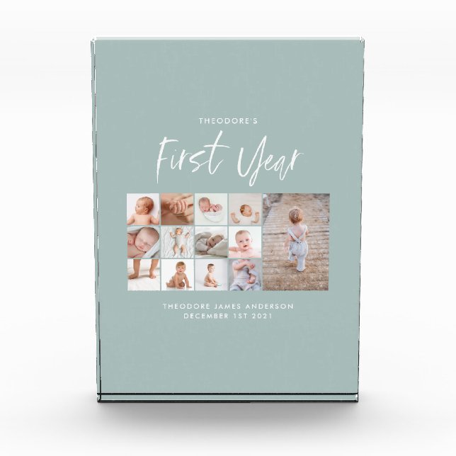 Babies first year photo collage script blue block (Front)