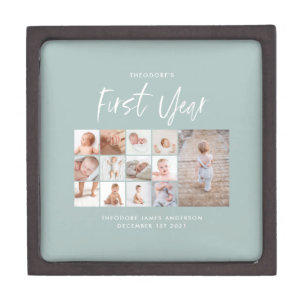 Babies first year photo collage script blue gift box