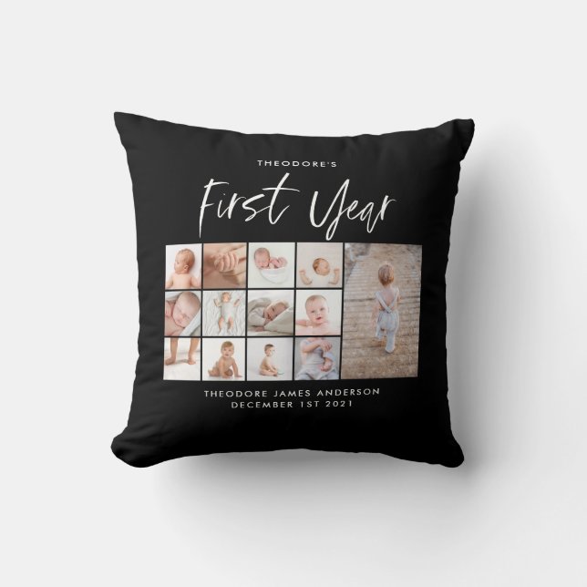 Babies first year photo collage script  cushion (Front)