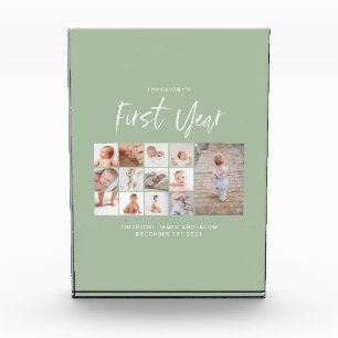 Babies first year photo collage script green  block