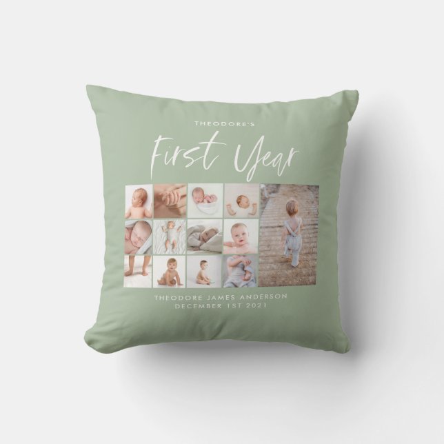 Babies first year photo collage script green faux  cushion (Front)