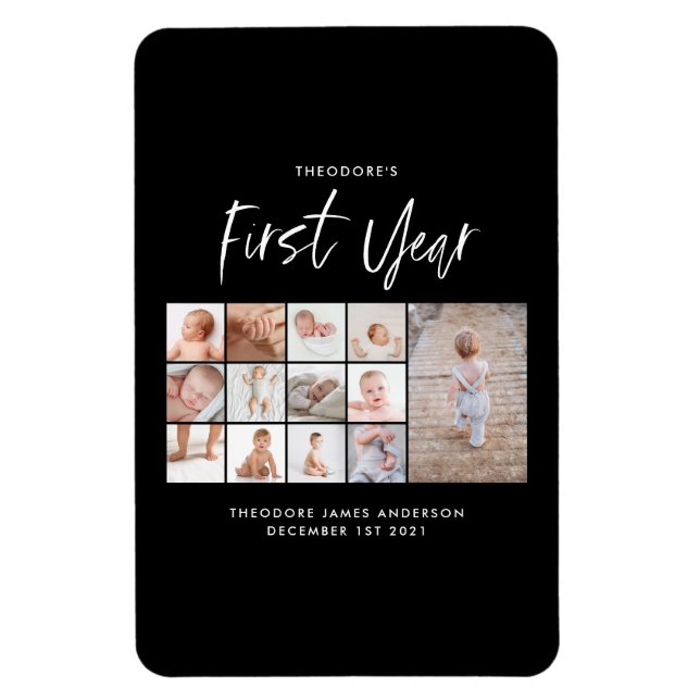 Babies first year photo collage script monochrome magnet (Vertical)