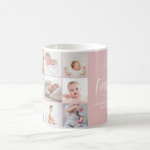Babies first year photo collage script pink girly coffee mug