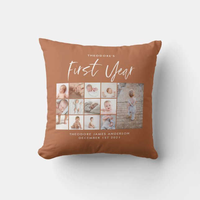 Babies first year photo collage script terracotta cushion (Front)