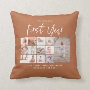 Babies first year photo collage script terracotta cushion