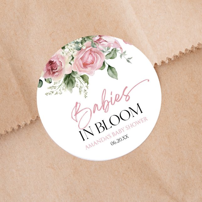 Babies In Bloom Pink Rose Floral Twins Baby Shower Classic Round Sticker (Creator Uploaded)