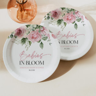 Babies In Bloom Pink Rose Floral Twins Baby Shower Paper Plate