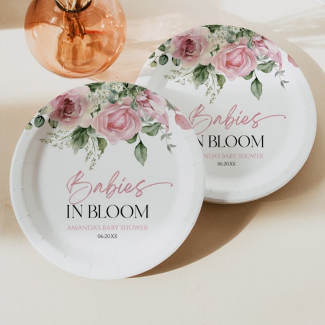 Babies In Bloom Pink Rose Floral Twins Baby Shower Paper Plate (Creator Uploaded)