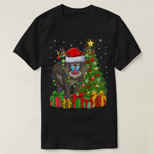 Baboon Lighting Xmas Tree Santa Hat Baboon Christm T-Shirt (Design Front)