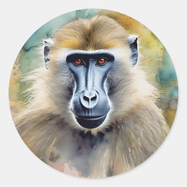 Baboon Watercolor Portrait Classic Round Sticker (Front)
