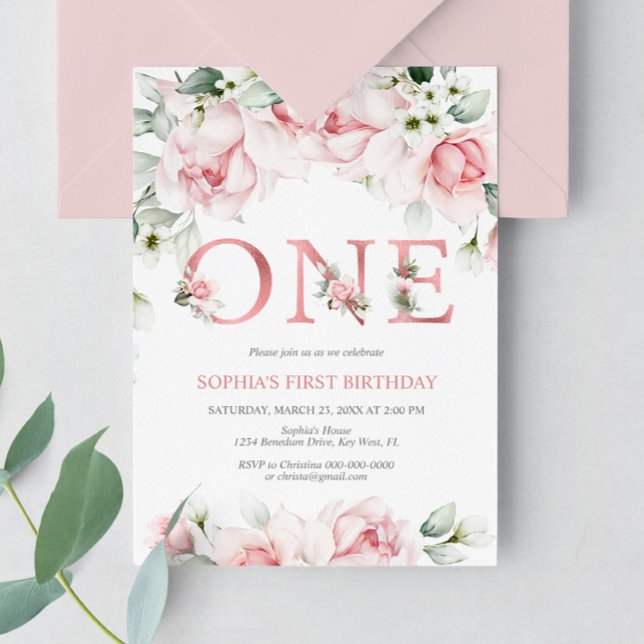 Baby 1st Birthday Blush & Rose Gold Floral Invitation (Creator Uploaded)