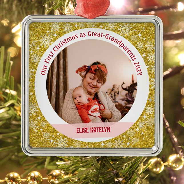 Baby 1st Christmas As Great Grandparents Golden Metal Tree Decoration (Modern Elegant Golden Our First Christmas as Great-Grandparents Baby Girl Name 1 Photo Snowflakes)