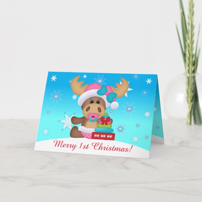 Baby 1st Christmas Cute Moose #1 (inside) Holiday Card (Front)