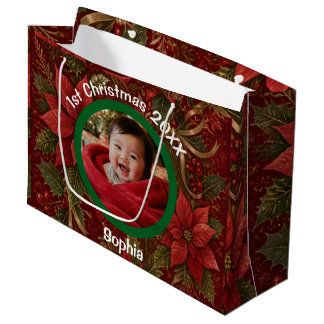 Baby 1st Christmas Floral Crimson Photo Name Year Large Gift Bag