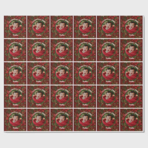 Baby 1st Christmas Floral Crimson Photo Name Year Wrapping Paper