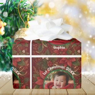 Baby 1st Christmas Floral Crimson Photo Name Year Wrapping Paper