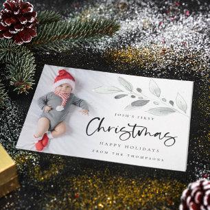 Baby 1st Christmas Photo Modern Foliage  Holiday Card