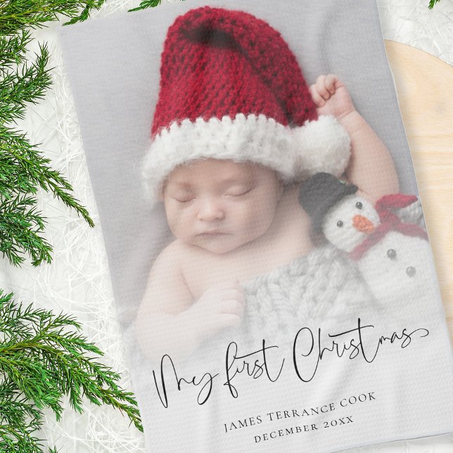 Baby 1st Christmas Photo Overlay Script Name Year Tea Towel (Great keepsake gift idea for the new mom and dad!)